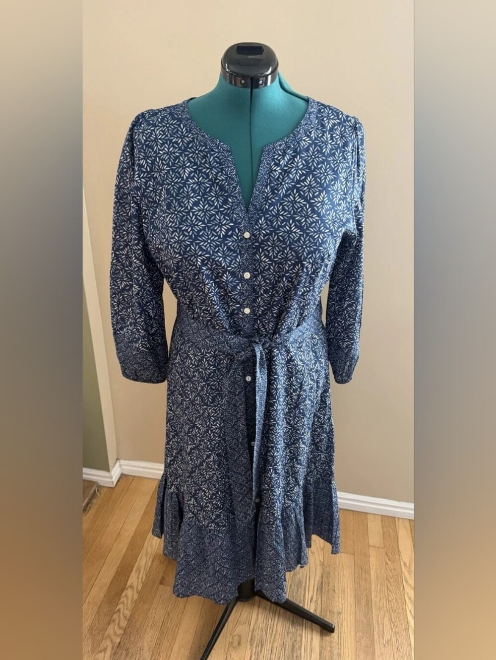 Talbots Navy Blue Floral Button-Front Tie-Waist Dress